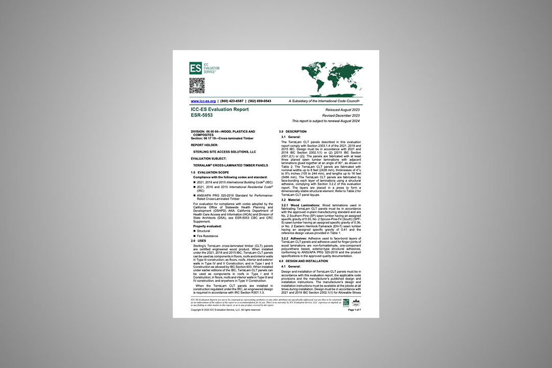 An ICC-ES Evaluation Report (ESR-5053) for Sterling Site Access Solutions, LLC, concerning the evaluation of TerraLam® cross-laminated timber panels. The report outlines compliance with building codes, including the 2021, 2018, and 2015 International Building and Residential Codes. It includes sections on evaluation scope, product description, and installation guidelines. The document was released in August 2023, revised in December 2023, and is valid through August 2024. The report details fire resistance, structural uses, and the materials used for TerraLam® CLT panels.