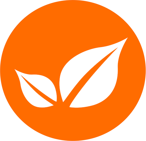 An orange circular icon featuring two white leaf silhouettes, one smaller and one larger, symbolizing eco-friendliness or sustainability.