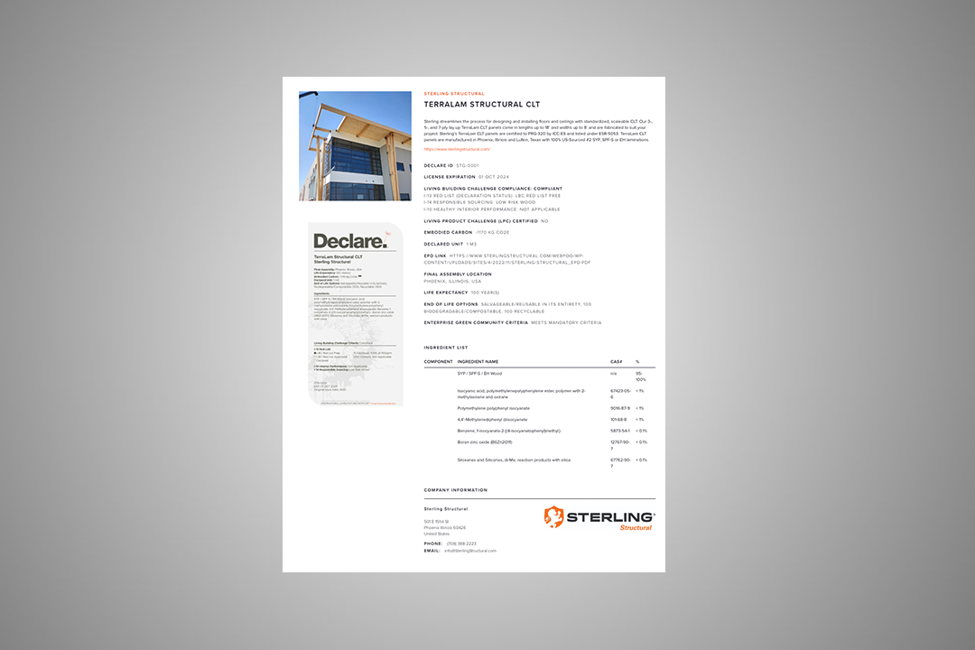 A product information sheet for TerraLam® Structural CLT by Sterling Structural. The document includes a small image of a wooden building structure and a Declare label, indicating environmental and material transparency. It outlines product certifications, such as Living Building Challenge compliance, and provides details on the material composition of TerraLam® CLT, including environmental data. Sterling Structural's logo and contact information are at the bottom.