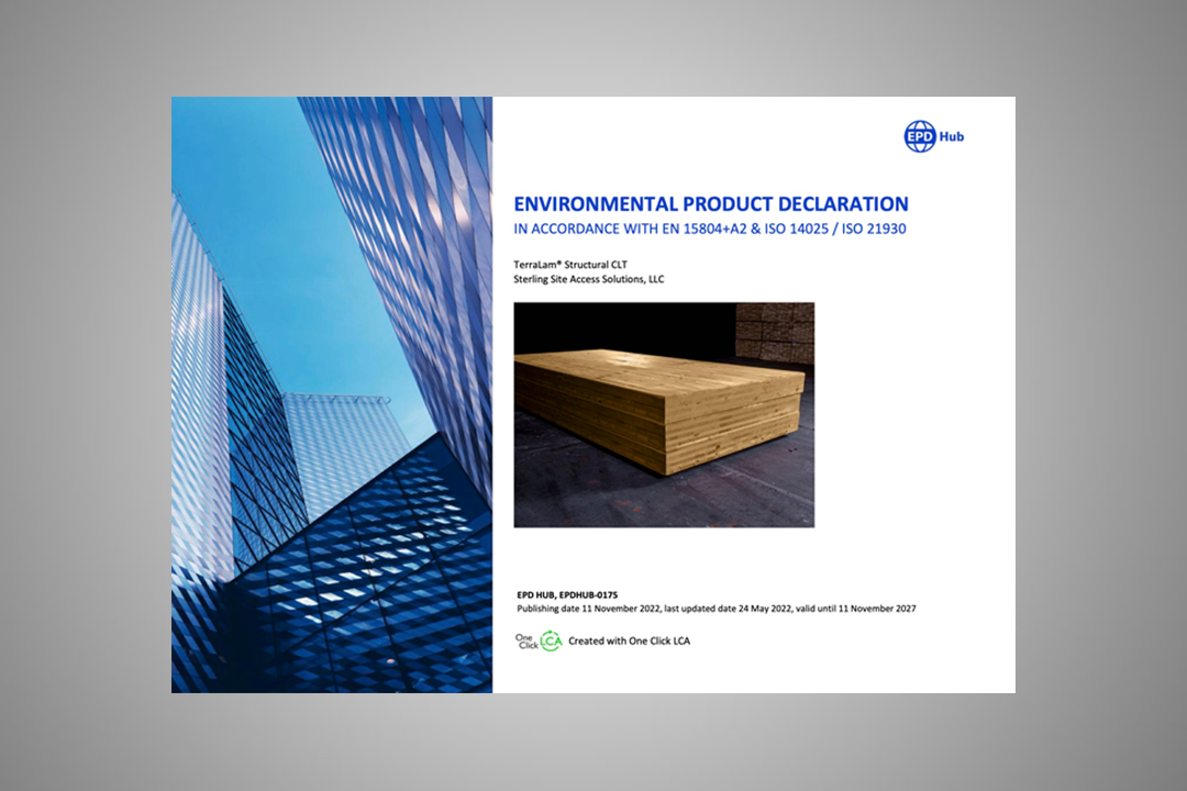 The cover of an Environmental Product Declaration (EPD) document for TerraLam® Structural CLT by Sterling Site Access Solutions, LLC. It complies with EN 15804+A2, ISO 14025, and ISO 21930 standards. The cover features two images: a modern glass building on the left and a wooden cross-laminated timber (CLT) product on the right. The document was published on 11 November 2022, with updates on 24 May 2023, and is valid until 11 November 2027. It was created using One Click LCA software, with an EPD Hub logo at the top.