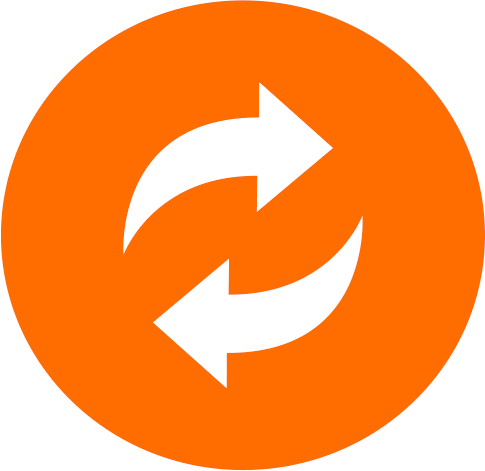 An orange circular icon featuring two white curved arrows forming a circular motion, symbolizing recycling, renewal, or a continuous process.