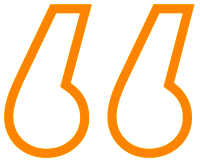 An orange outline of a pair of quotation marks set against a transparent background, often used to indicate the start of a quote or emphasis in design.