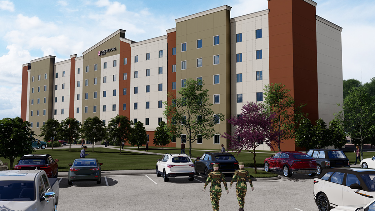 The image shows a drawing of a large, multi-story building with beige and brown accents, a parking lot, and two people in military uniforms walking toward it.