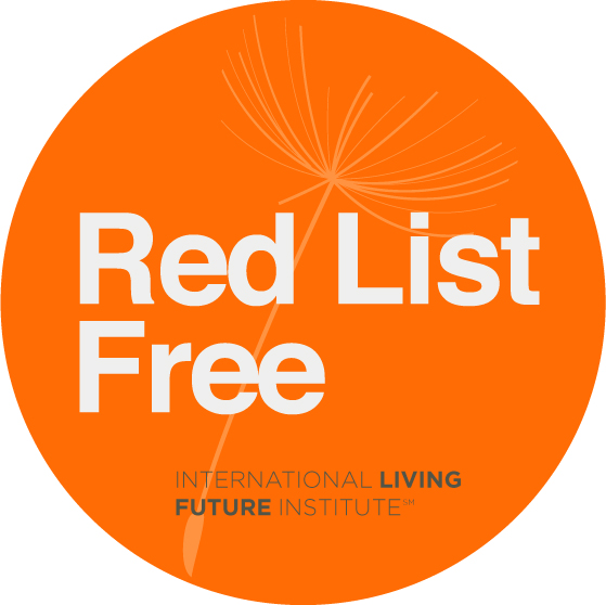 The image shows a circular orange logo with the text "Red List Free" in bold white letters. Below, it reads "International Living Future Institute" in smaller text, with a dandelion seed design in the background.