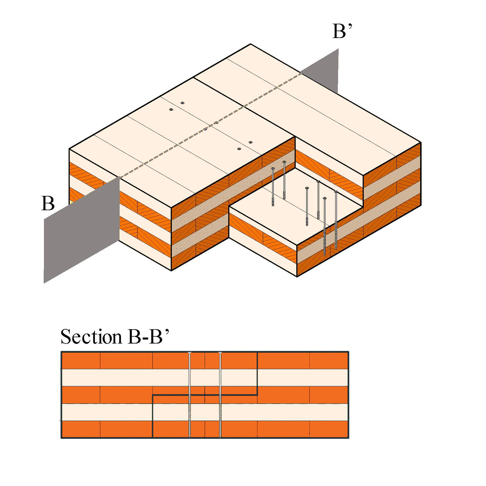 A structural detail of a panel to panel half lap connection