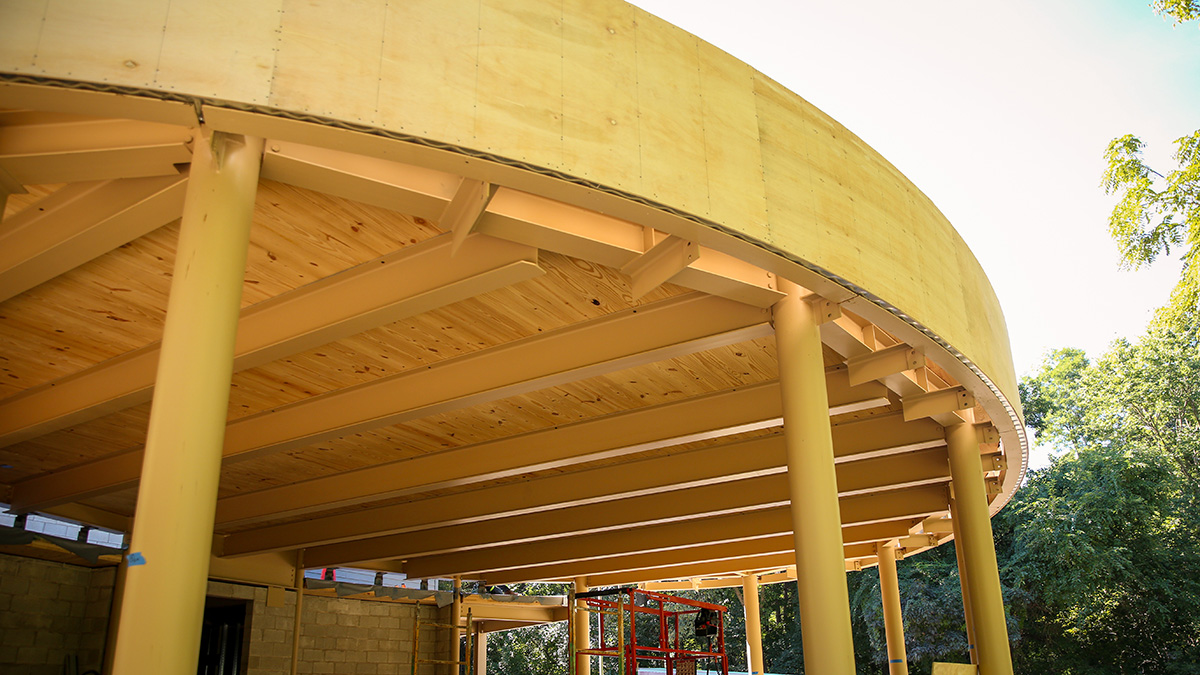 A circular building under construction with a curved roof, nude colour steel columns, and exposed CLT panels.