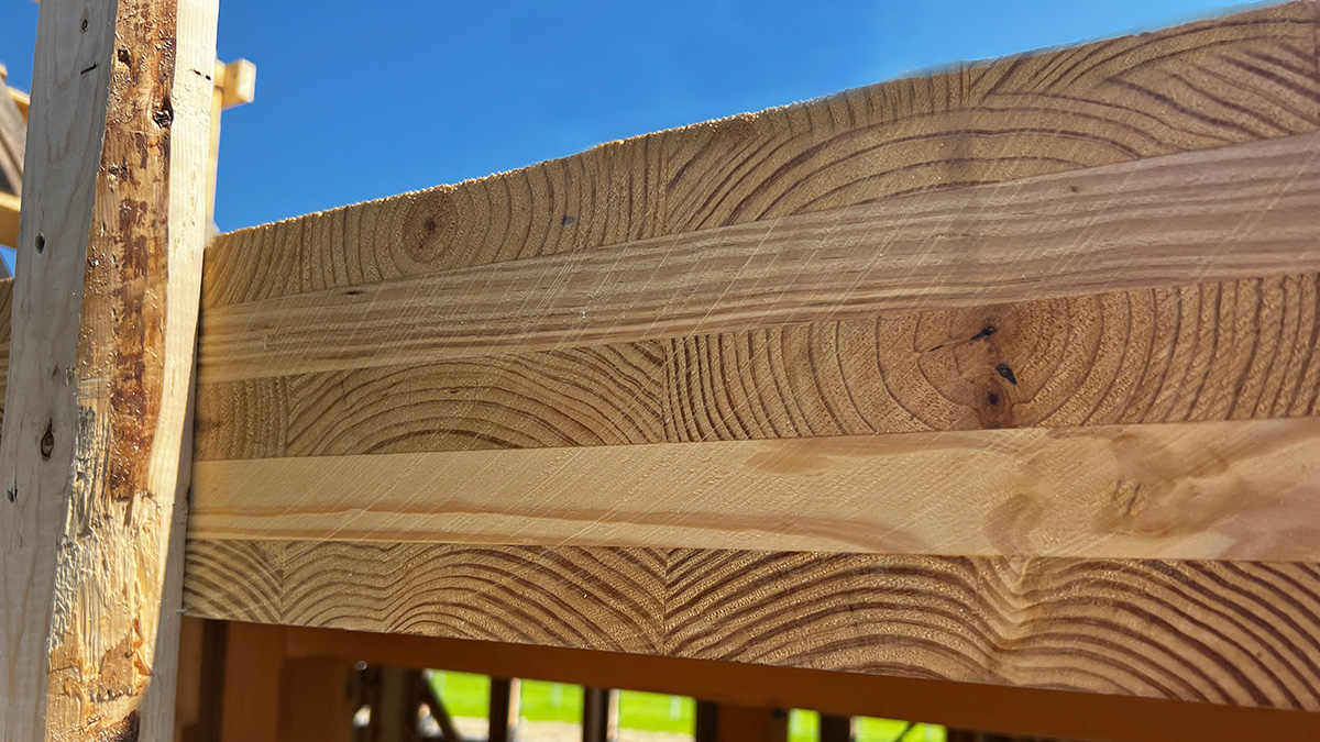 Close-up of a CLT panel showing wood grain and growth rings, with a wooden post and blue sky in the background.