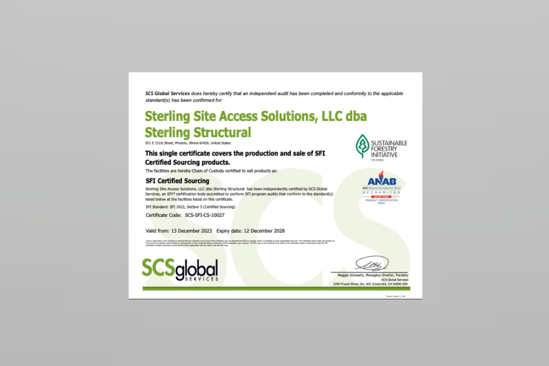 SCS Global Services certifies Sterling Structural for SFI Certified Sourcing, valid from 13 Dec 2023 to 12 Dec 2028.