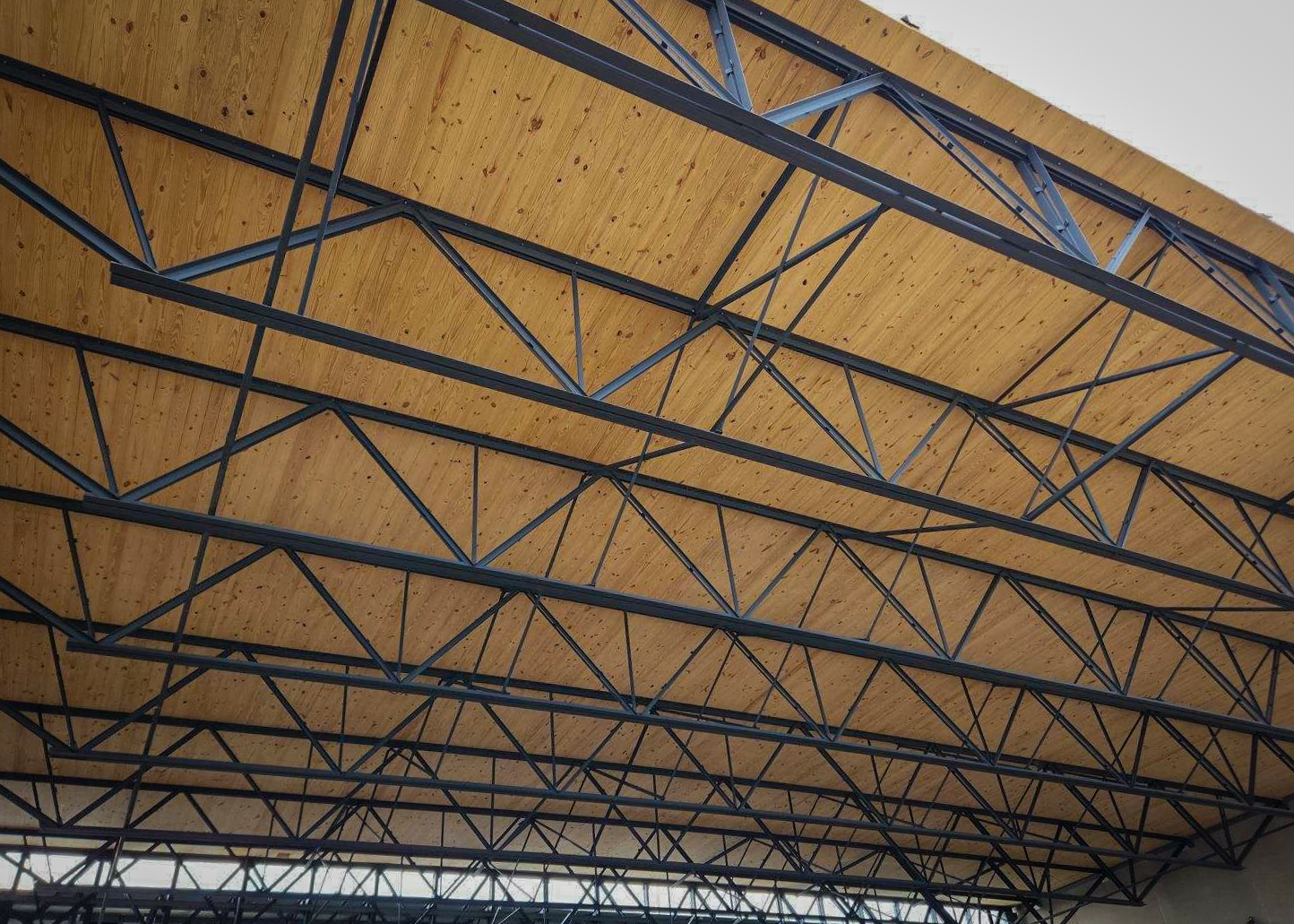 A close-up view of a large hybrid roof structure featuring black steel trusses supporting mass timber panels. The combination of steel and wood creates a strong yet visually appealing ceiling, showcasing the benefits of hybrid construction for durability and sustainability.