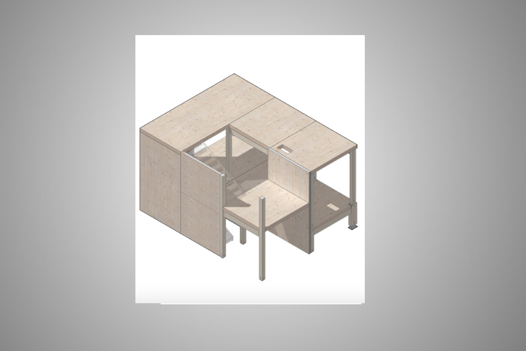 A 3D isometric rendering of a modular structure made of light-colored mass timber panels with metal connectors. The design features an open section with a ladder leading to an upper platform, suggesting a compact, multi-level living or workspace. The panels include cutouts for easy assembly and integration of utilities.