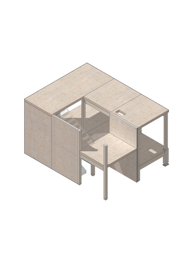 A 3D isometric rendering of a modular structure made of light-colored mass timber panels with metal connectors. The design features an open section with a ladder leading to an upper platform, suggesting a compact, multi-level living or workspace. The panels include cutouts for easy assembly and integration of utilities.